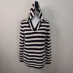 Talbots Navy & Ivory Striped Knit Hoodie Sweater Size Medium